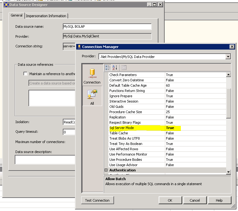 MySQL .NET Data Provider: Sql Server Mode setting